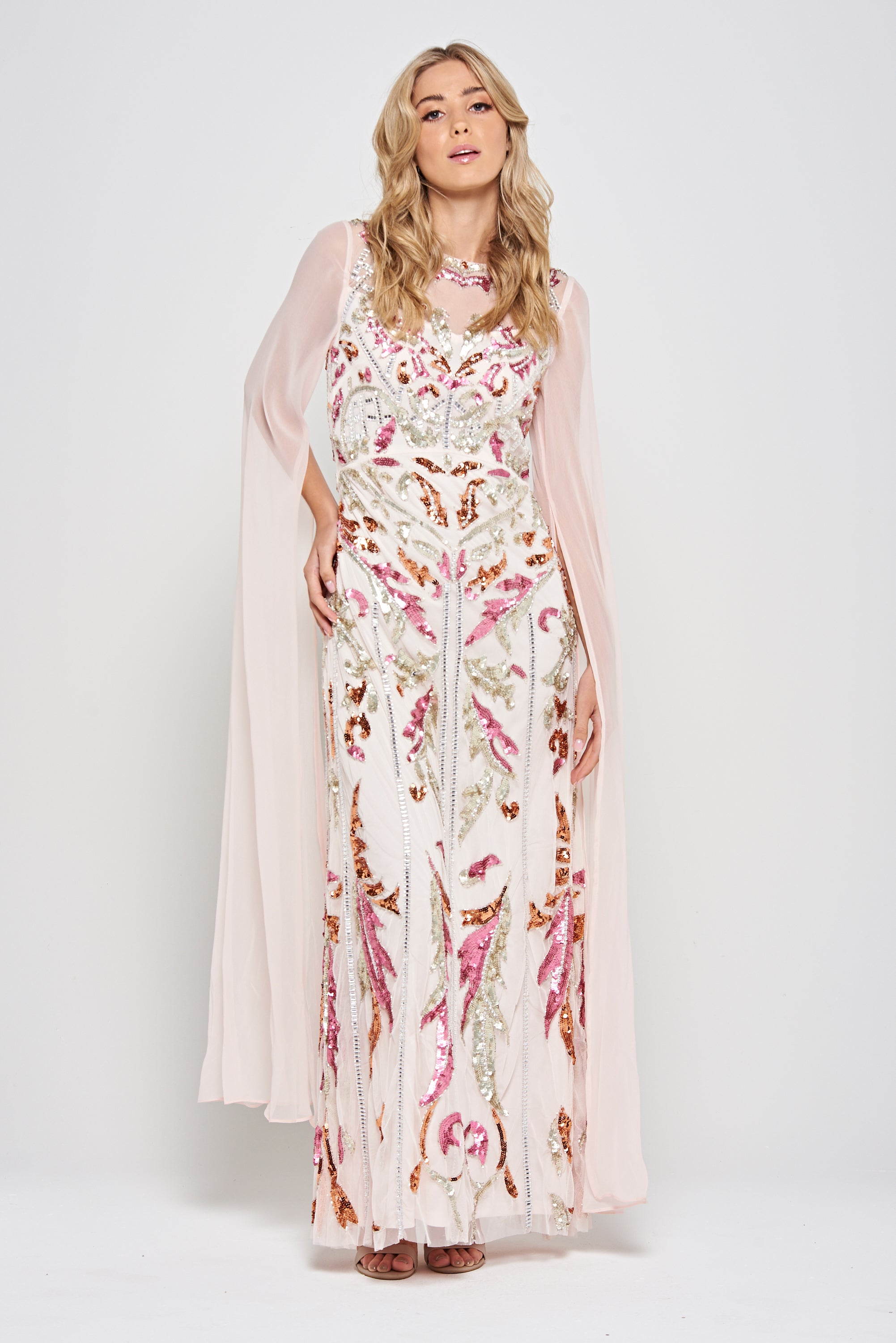 Aurelia Shell Embellished Cape Sleeve Maxi Dress 