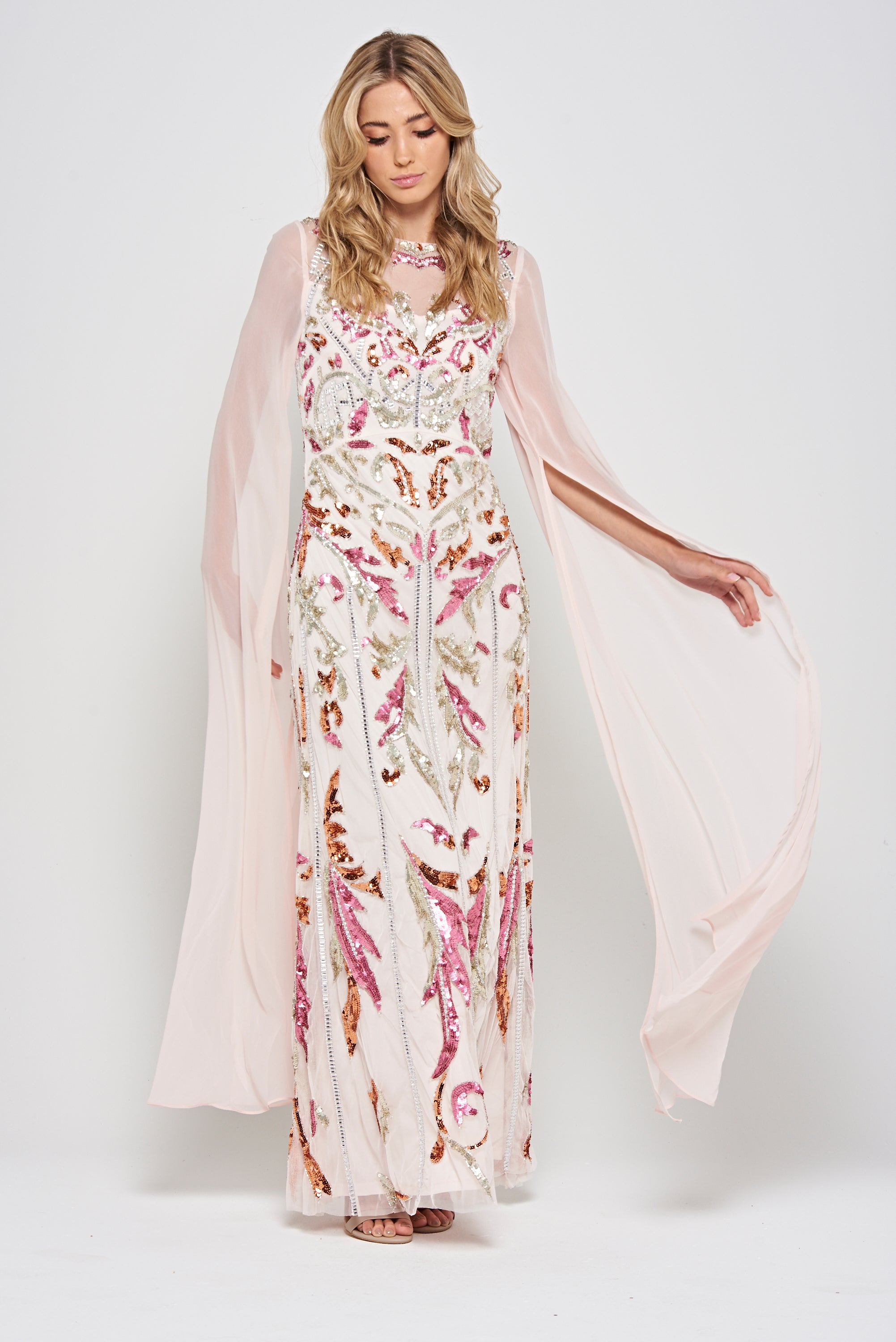 Aurelia Shell Embellished Cape Sleeve Maxi Dress 