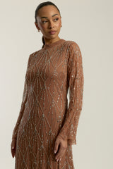 Aurielle Flared Sleeve Sequin Maxi Dress by Amelia Rose – modest long-sleeved maxi gown with delicate sequin embellishments, perfect for weddings and evening events