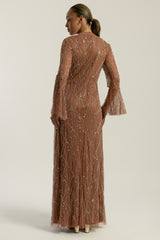 Aurielle Flared Sleeve Sequin Maxi Dress by Amelia Rose – modest long-sleeved maxi gown with delicate sequin embellishments, perfect for weddings and evening events