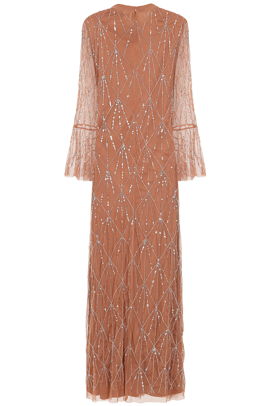 Aurielle Flared Sleeve Sequin Maxi Dress by Amelia Rose – modest long-sleeved maxi gown with delicate sequin embellishments, perfect for weddings and evening events