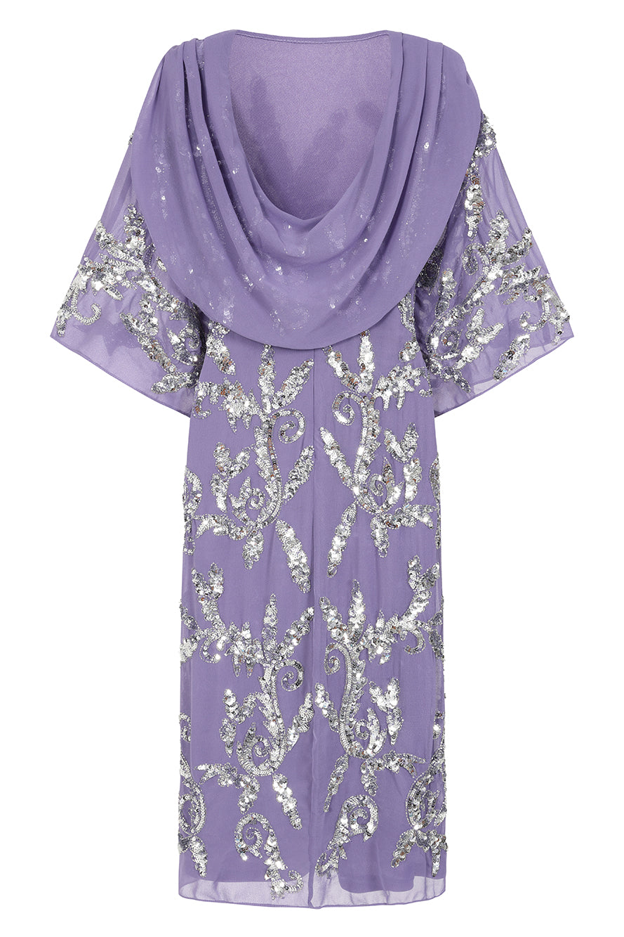 Ava lilac embellished midi dress with silver beadwork, relaxed sleeves and elegant cowl back detail for special occasions.