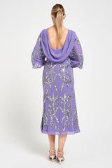 Ava lilac embellished midi dress with silver beadwork, relaxed sleeves and elegant cowl back detail for special occasions.