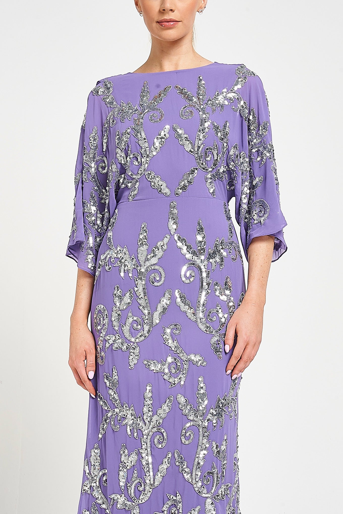 Ava lilac embellished midi dress with silver beadwork, relaxed sleeves and elegant cowl back detail for special occasions.