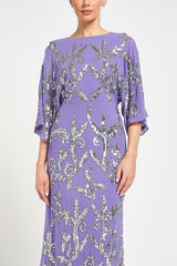 Ava lilac embellished midi dress with silver beadwork, relaxed sleeves and elegant cowl back detail for special occasions.