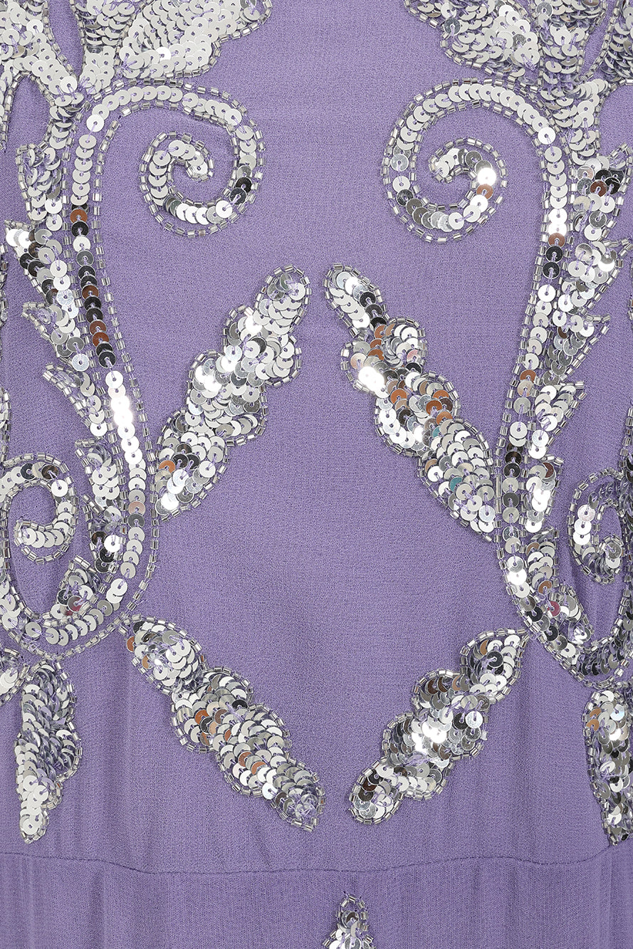 Ava lilac embellished midi dress with silver beadwork, relaxed sleeves and elegant cowl back detail for special occasions.