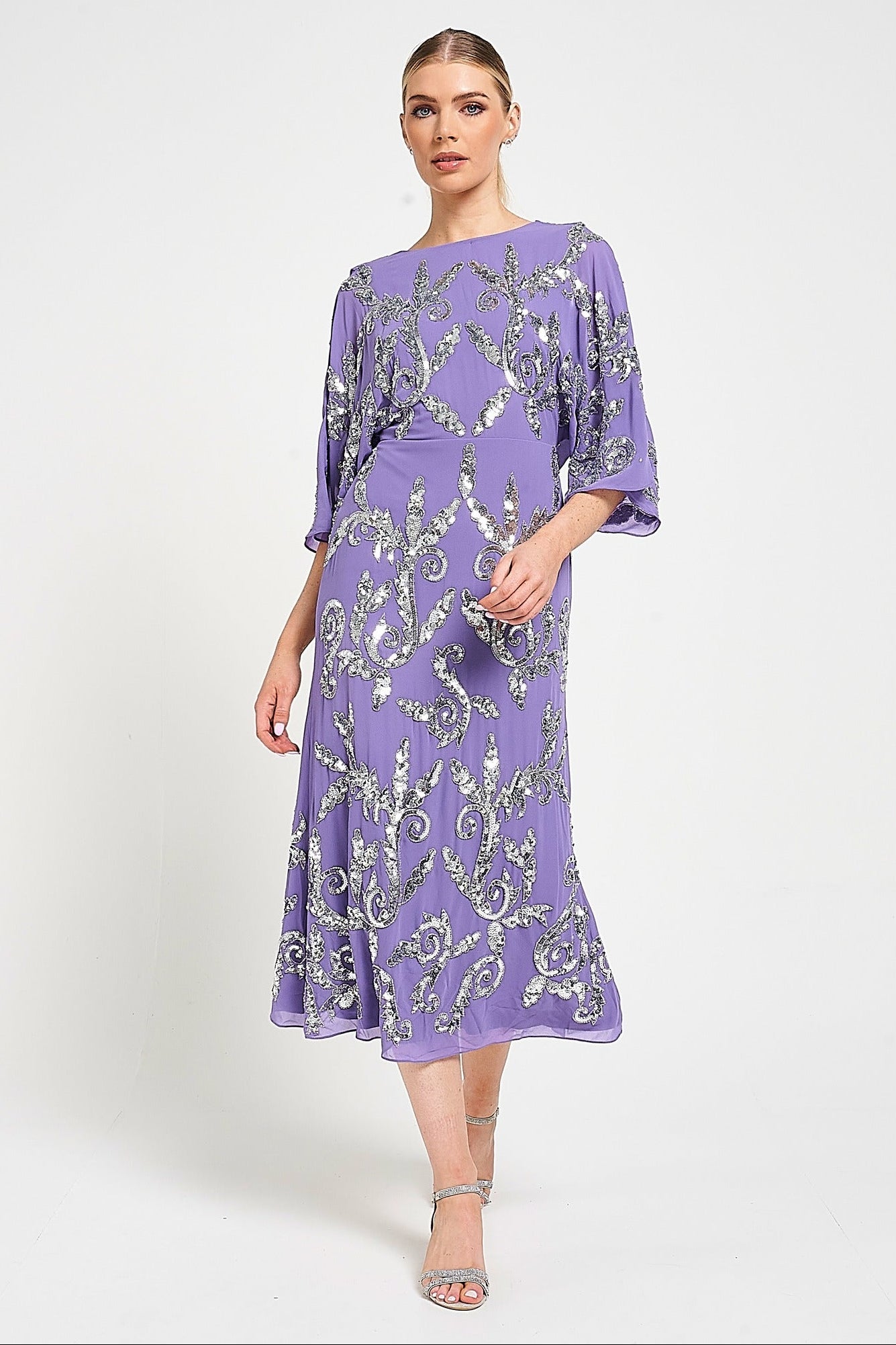 Ava lilac embellished midi dress with silver beadwork, relaxed sleeves and elegant cowl back detail for special occasions.