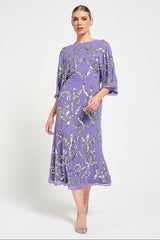 Ava lilac embellished midi dress with silver beadwork, relaxed sleeves and elegant cowl back detail for special occasions.