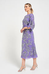Ava lilac embellished midi dress with silver beadwork, relaxed sleeves and elegant cowl back detail for special occasions.