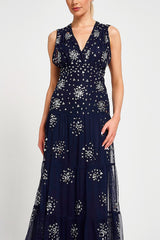 Aveline navy embellished sleeveless maxi dress with v-neck bodice, silver beadwork and tiered skirt, full-length formal occasion dress