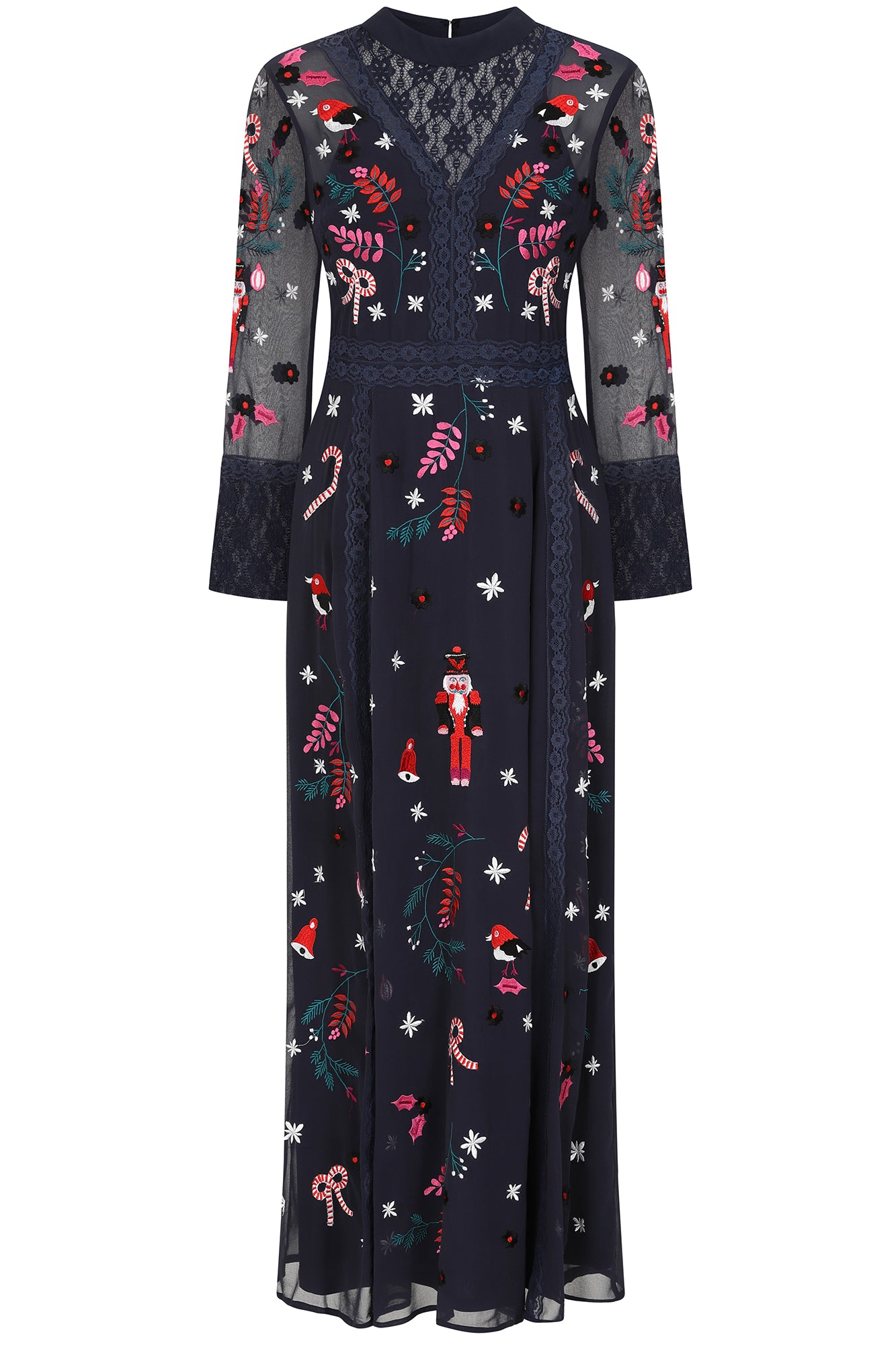 Avery Navy Christmas Embroidered Maxi Dress with Lace Panels โ Frock