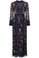 Avery Christmas Embroidered Maxi Dress with Lace Panels - Navy