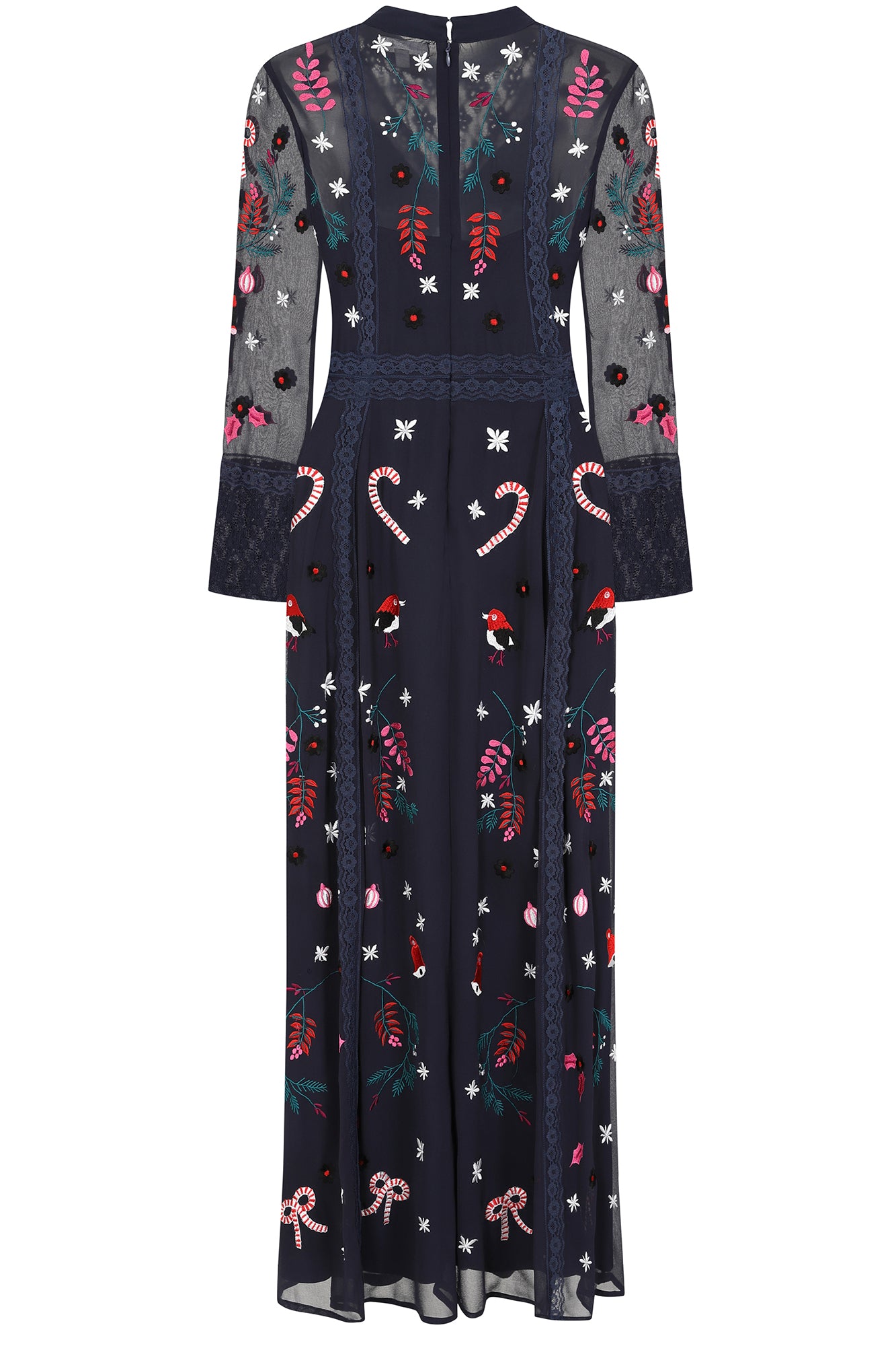 Avery Christmas Embroidered Maxi Dress with Lace Panels - Navy