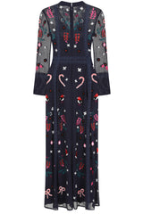 Avery Christmas Embroidered Maxi Dress with Lace Panels - Navy