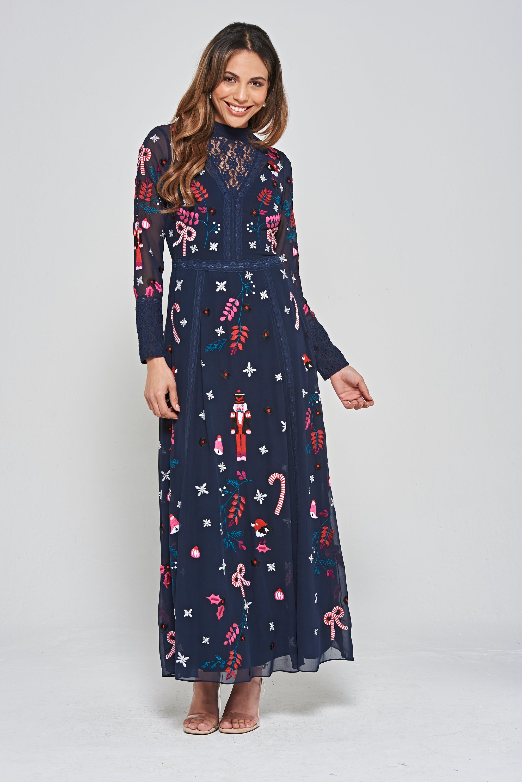 Avery Christmas Embroidered Maxi Dress with Lace Panels - Navy