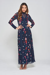 Avery Christmas Embroidered Maxi Dress with Lace Panels - Navy