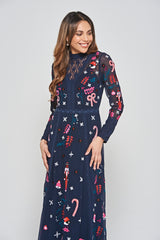 Avery Christmas Embroidered Maxi Dress with Lace Panels - Navy