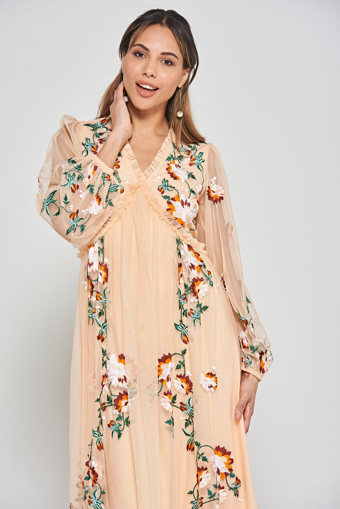 Aviana Floral Embroidered Maxi Dress - Almond