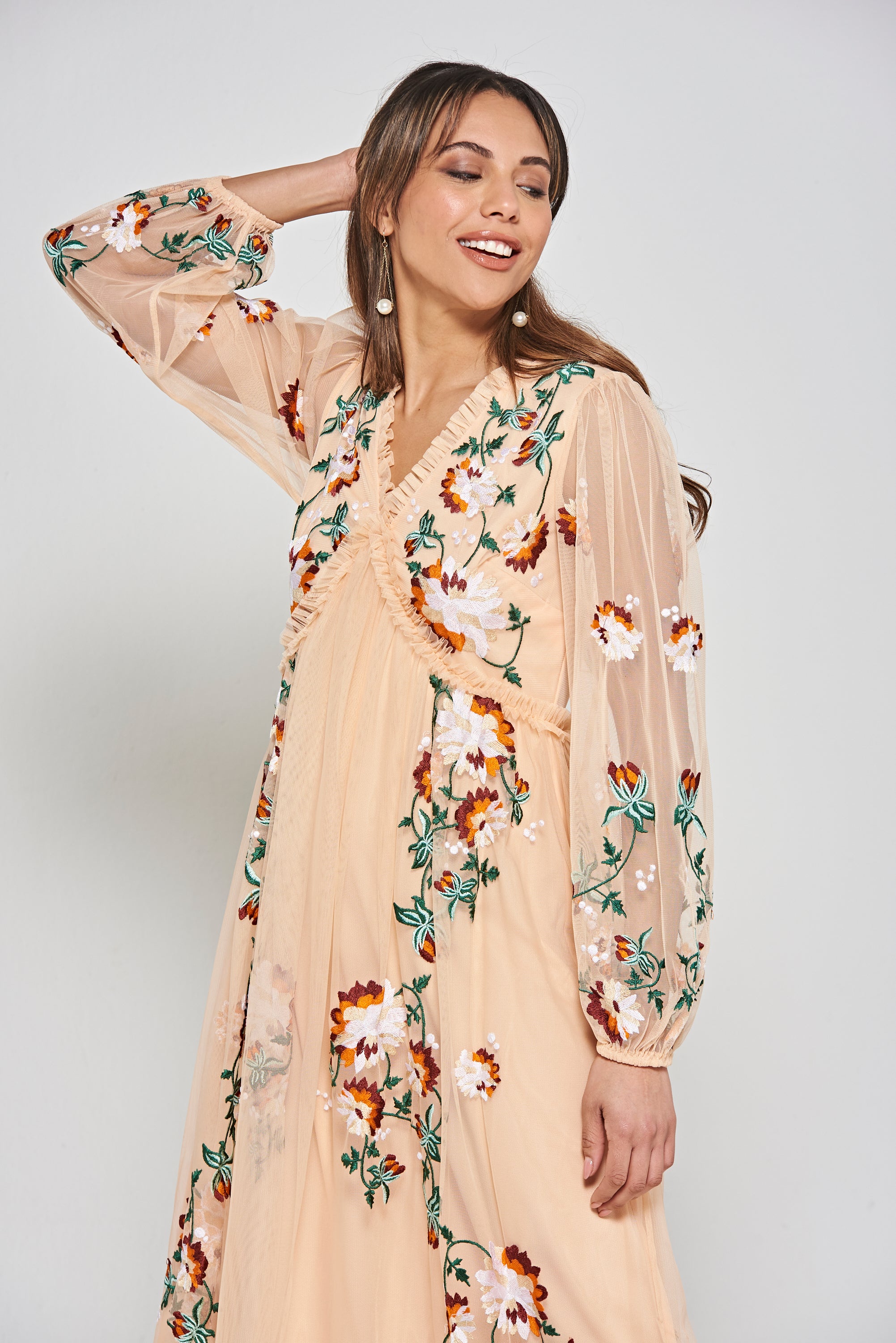 Aviana Floral Embroidered Maxi Dress - Almond