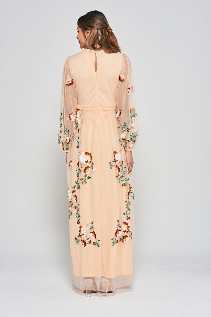 Aviana Floral Embroidered Maxi Dress - Almond