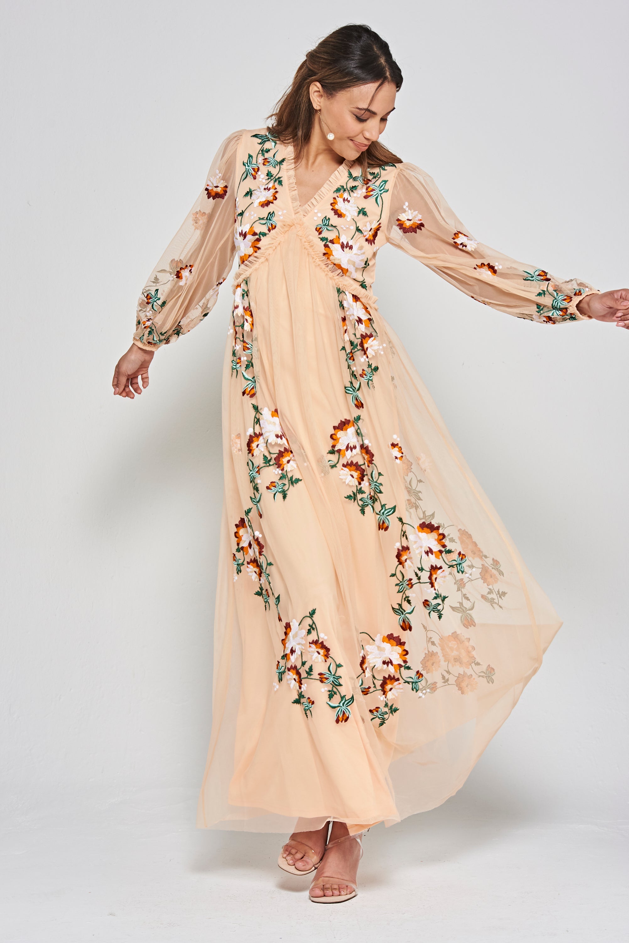 Aviana Floral Embroidered Maxi Dress - Almond
