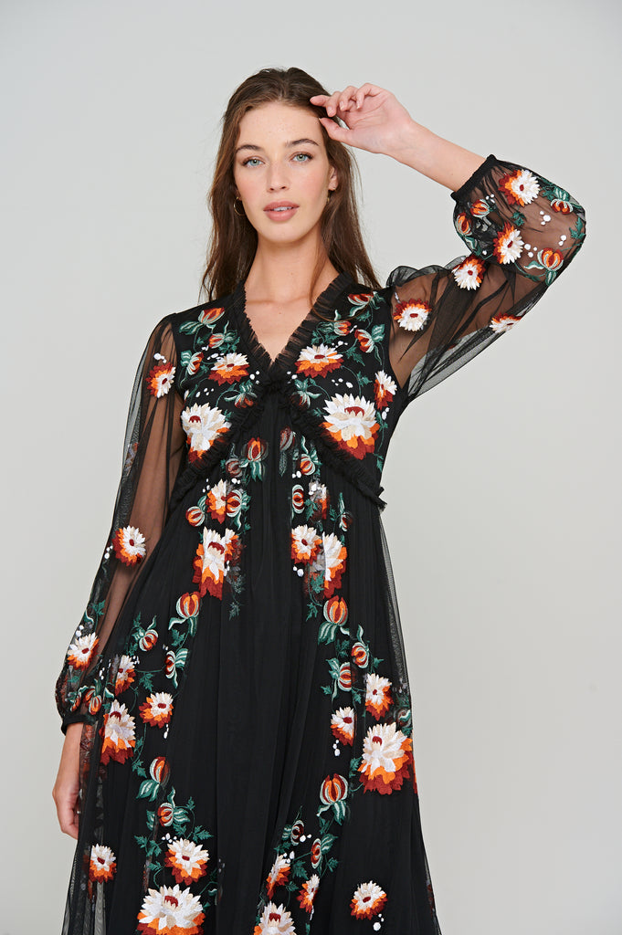 Aviana Floral Embroidered Maxi Dress in Black