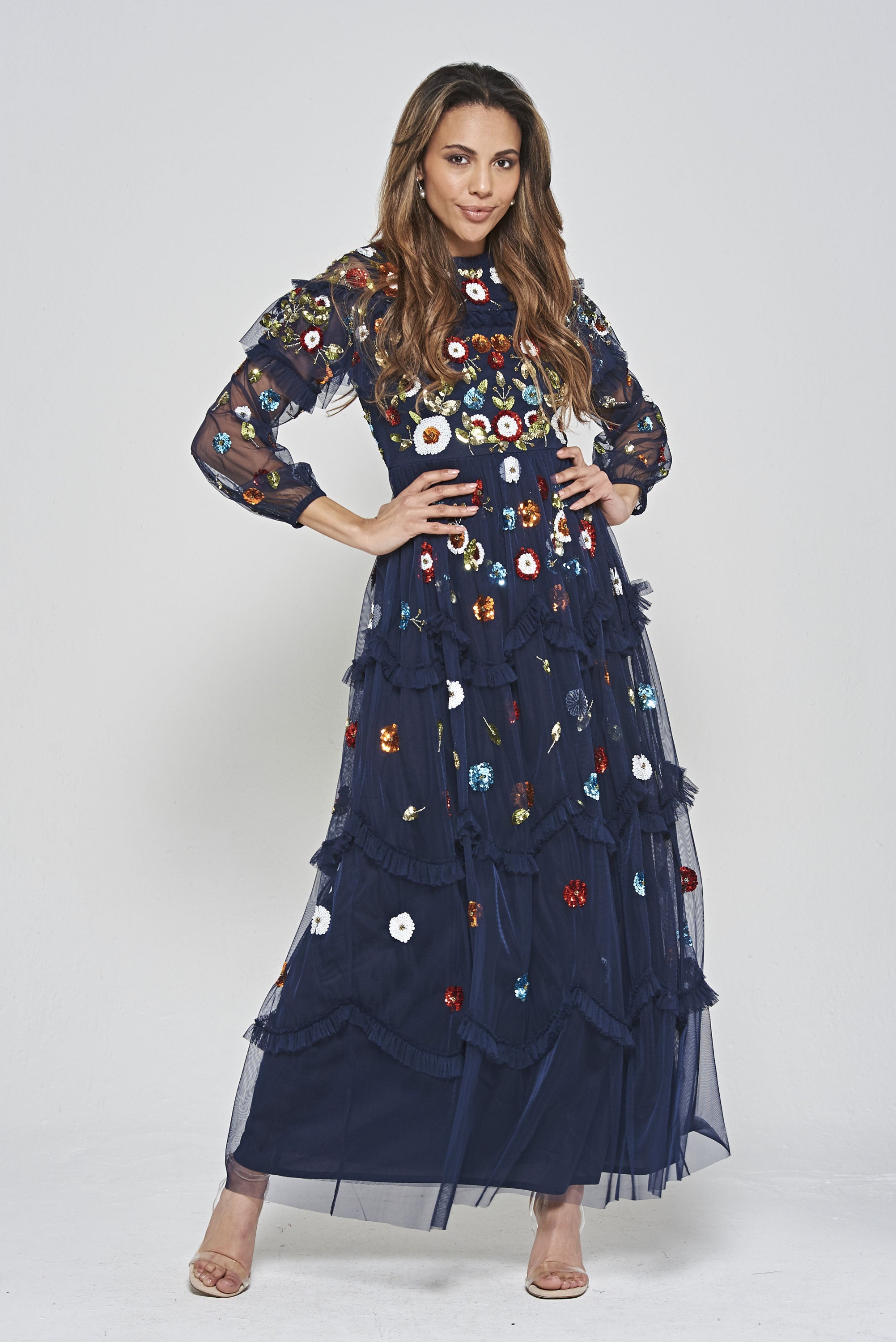 Avisa Navy Floral Sequin Maxi Dress – Frock and Frill
