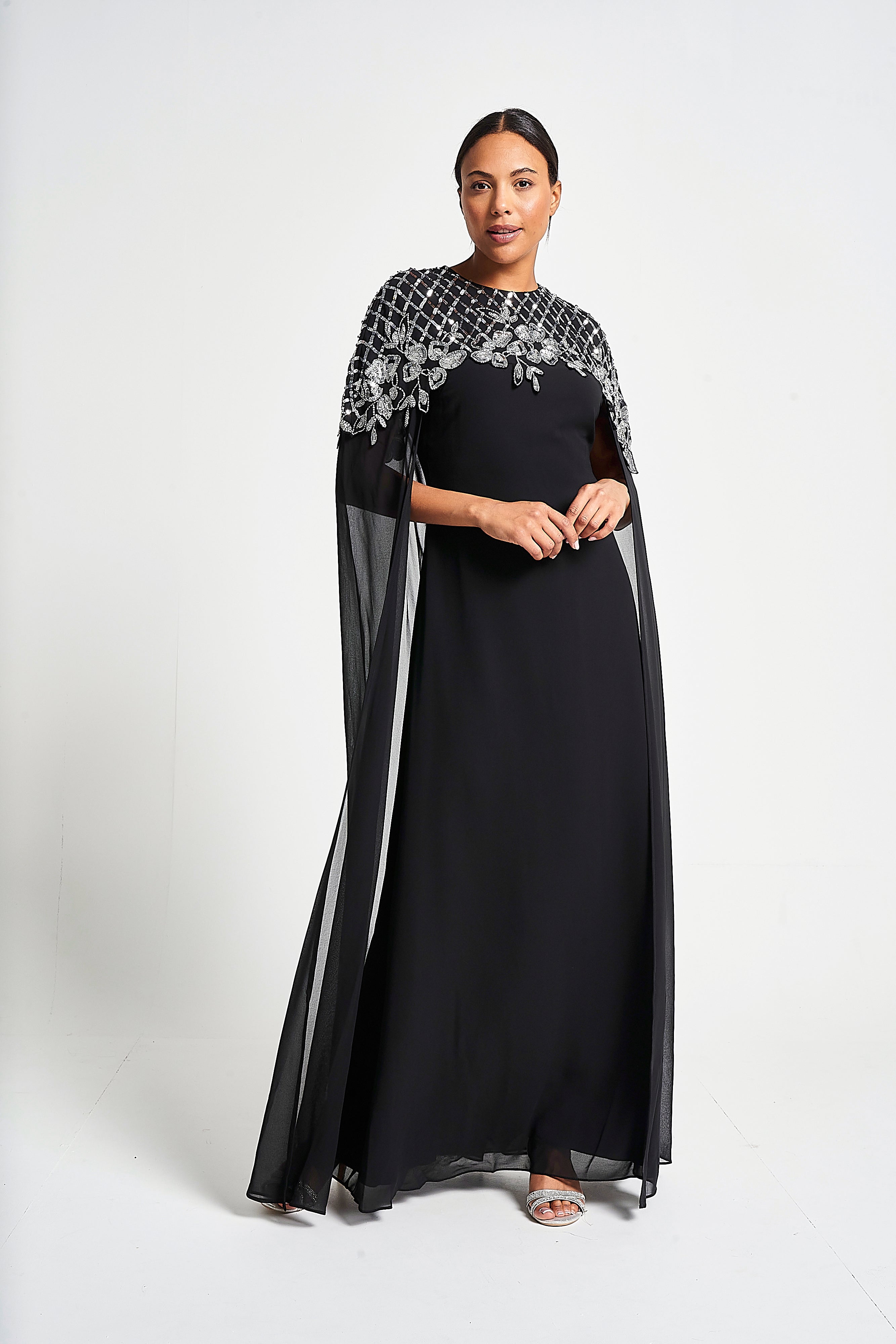 Ayden Black Embellished Cape Sleeve Maxi Dress