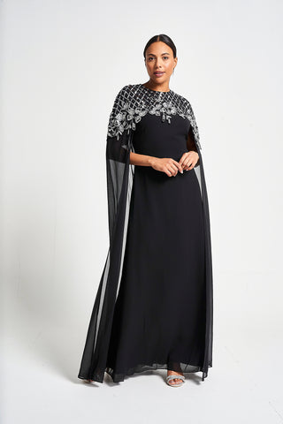 Gold Sequin Embellished Cape Sleeve Maxi Dress for Mother of The Bride Wedding Guest