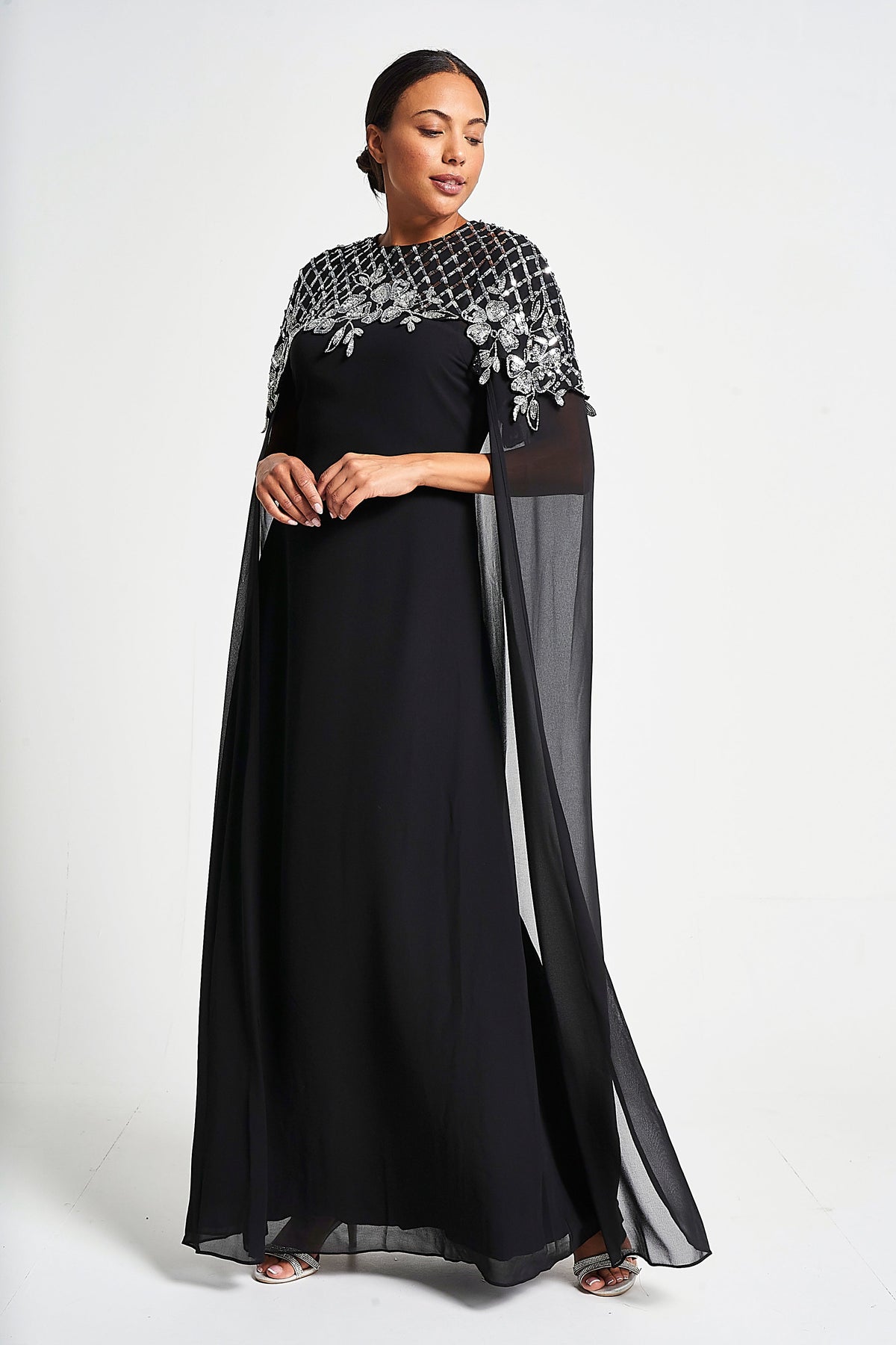 Ayden Black Embellished Cape Sleeve Maxi Dress