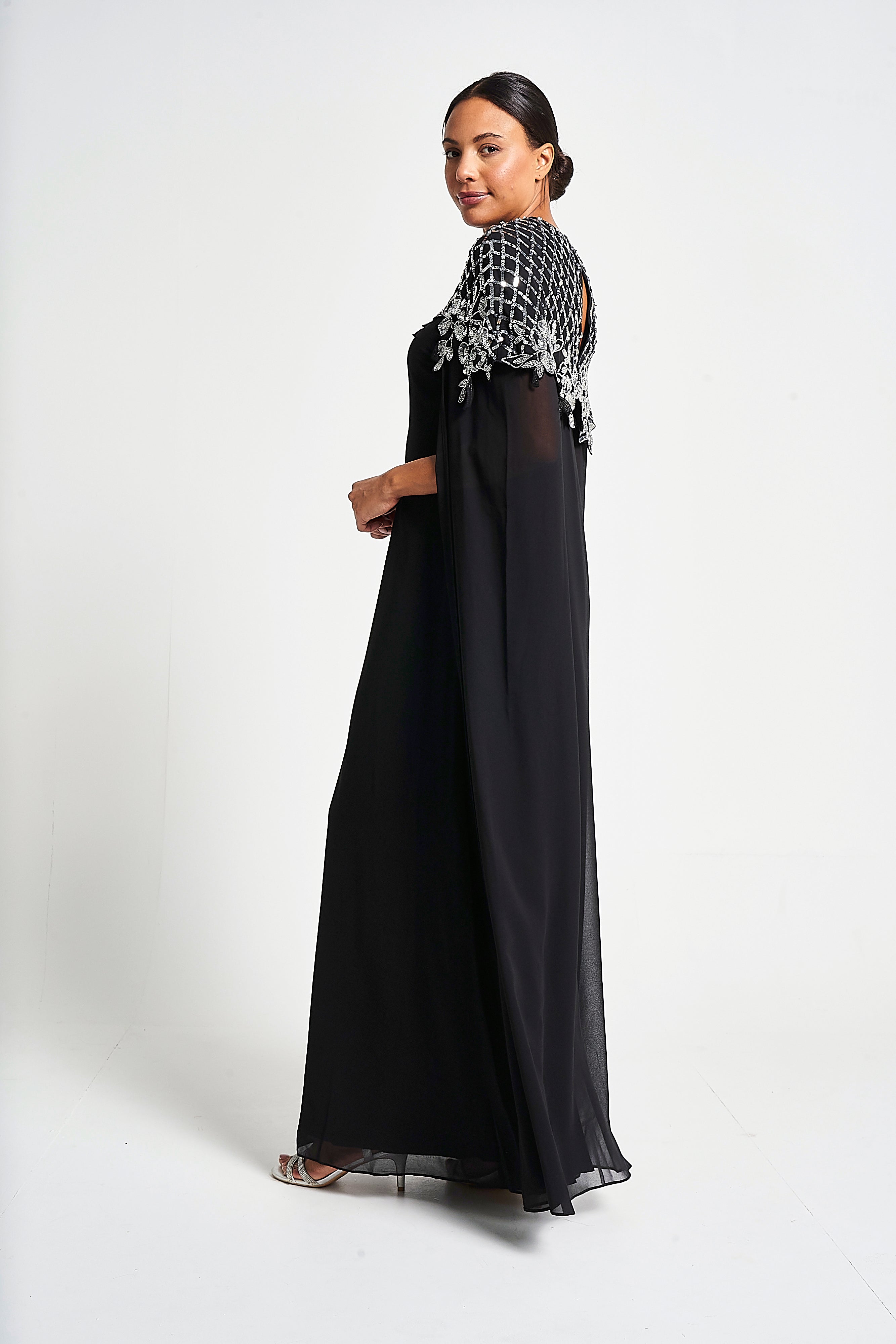 black sequin cape dress Black Velvet Cape Dress with Sequin Details