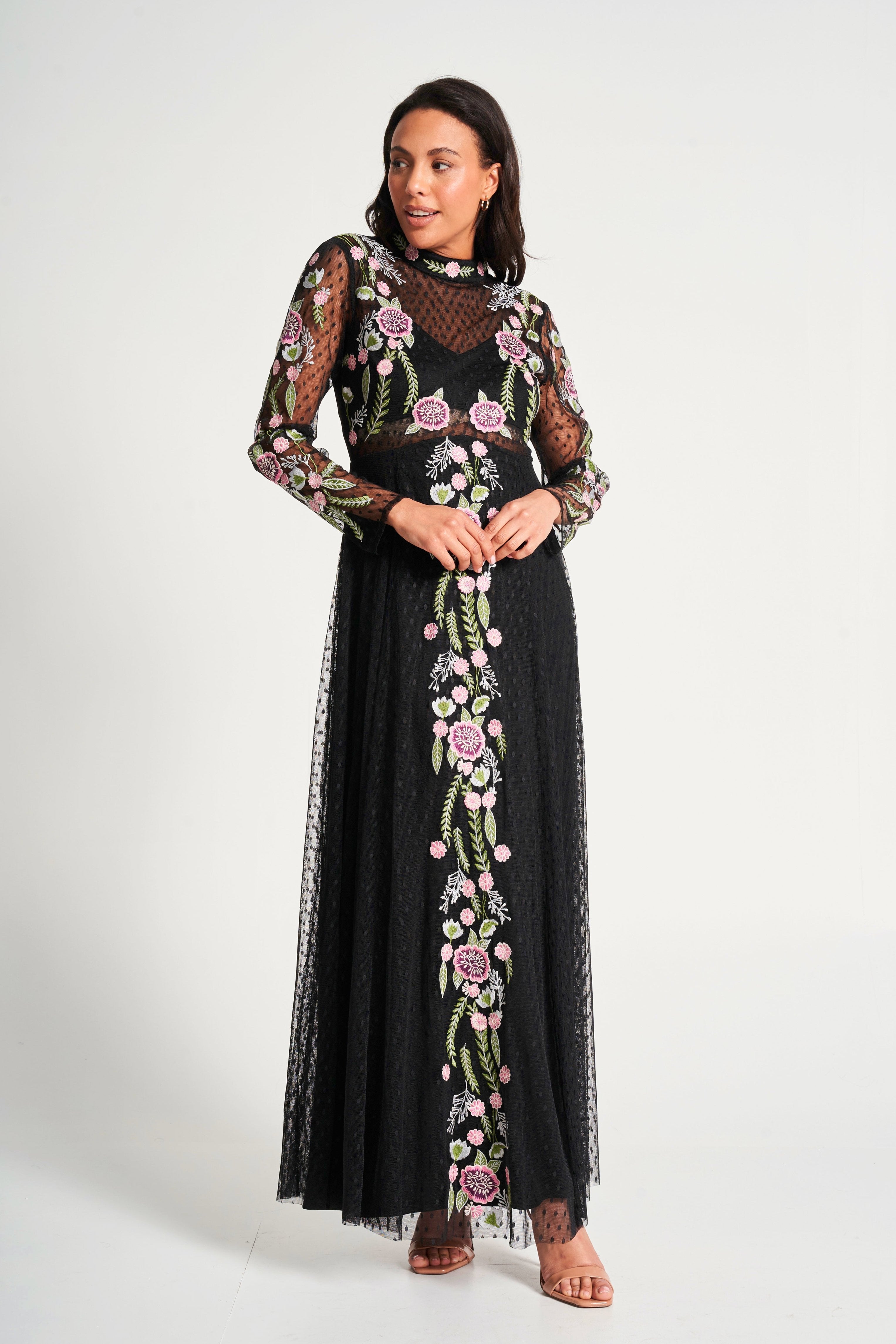 Azalea Black Floral Embroidered Maxi Dress