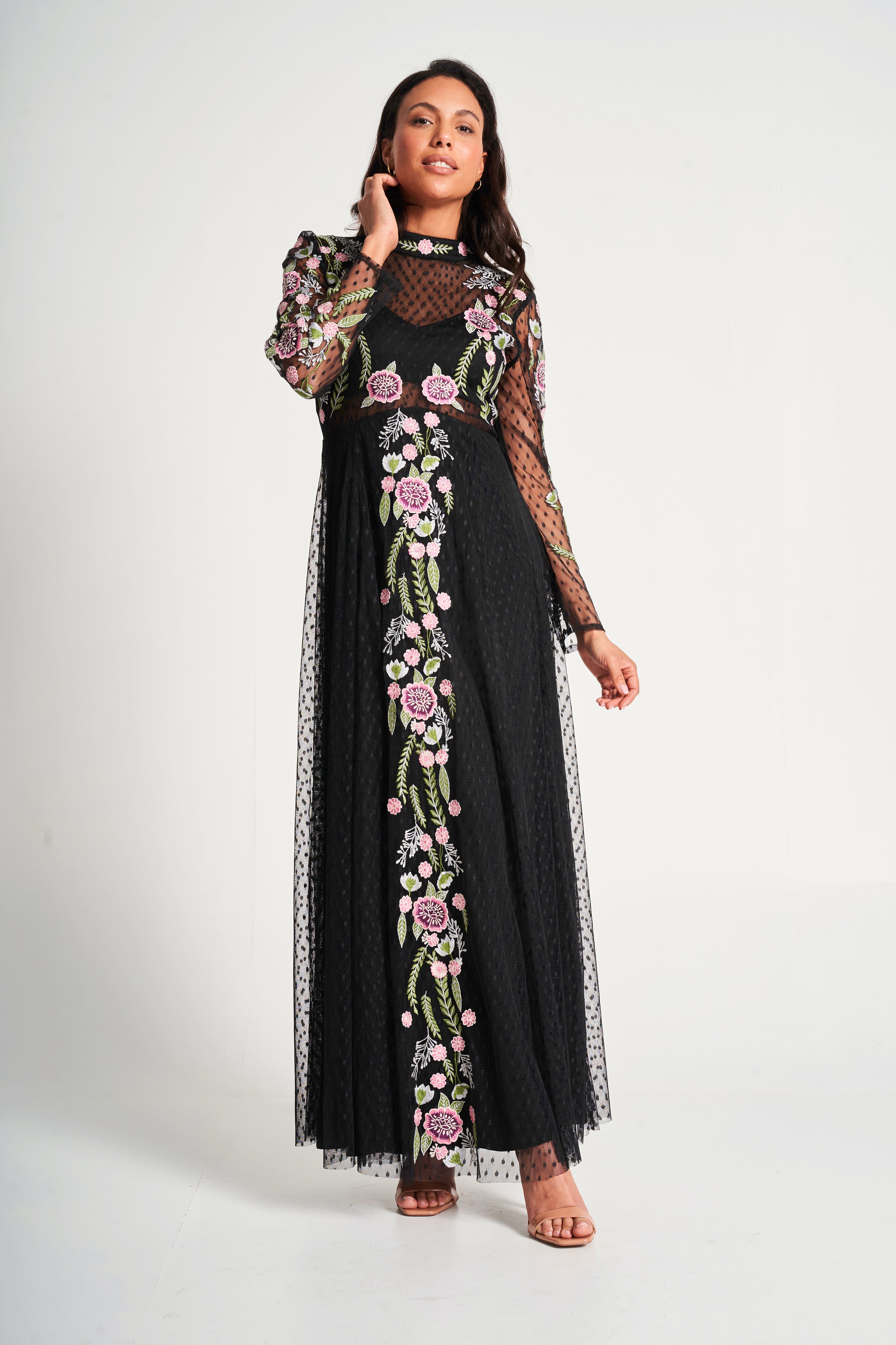 Azalea Black Floral Embroidered Maxi Dress – Frock and Frill