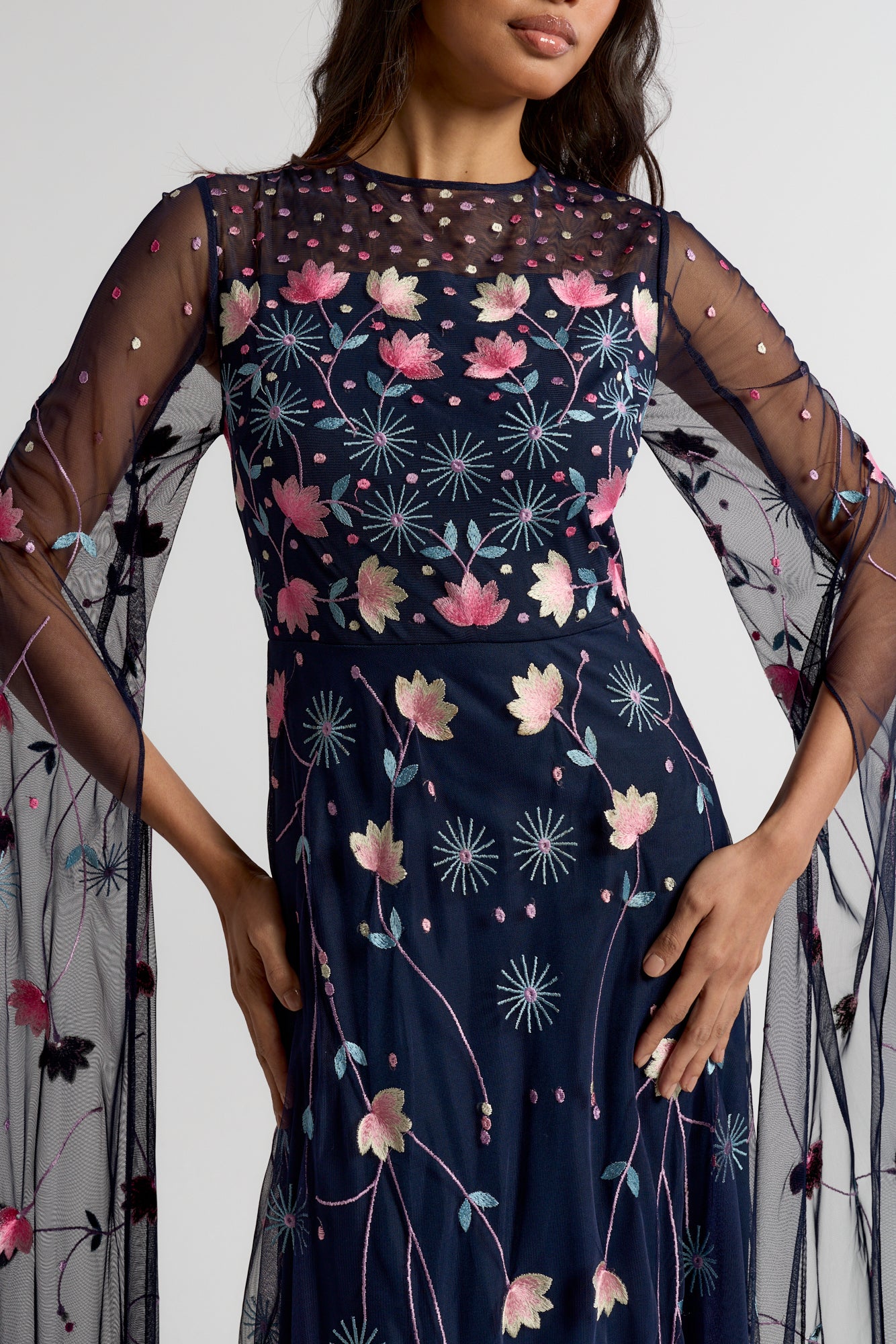 Azalea Navy Floral Embroidered Cape Sleeve Maxi Dress Frock and Frill Azalea Navy Floral Embroidered Cape Sleeve Maxi Dress Frock and Frill