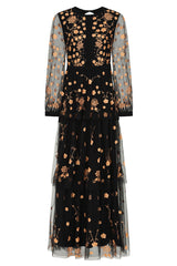 Azara black floral embroidered maxi dress by Frock and Frill with sheer long sleeves and flowing silhouette