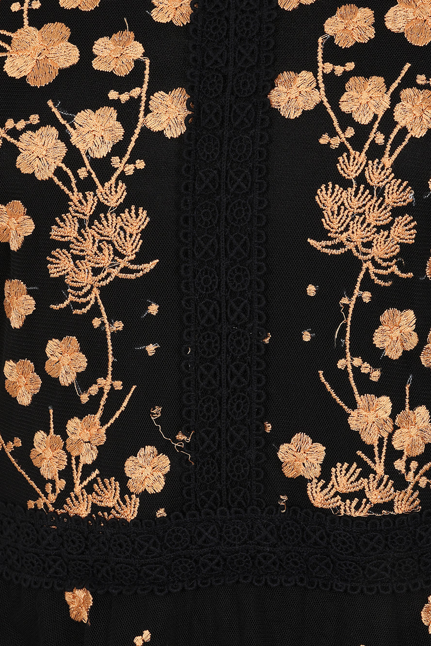 Azara black floral embroidered maxi dress by Frock and Frill with sheer long sleeves and flowing silhouette