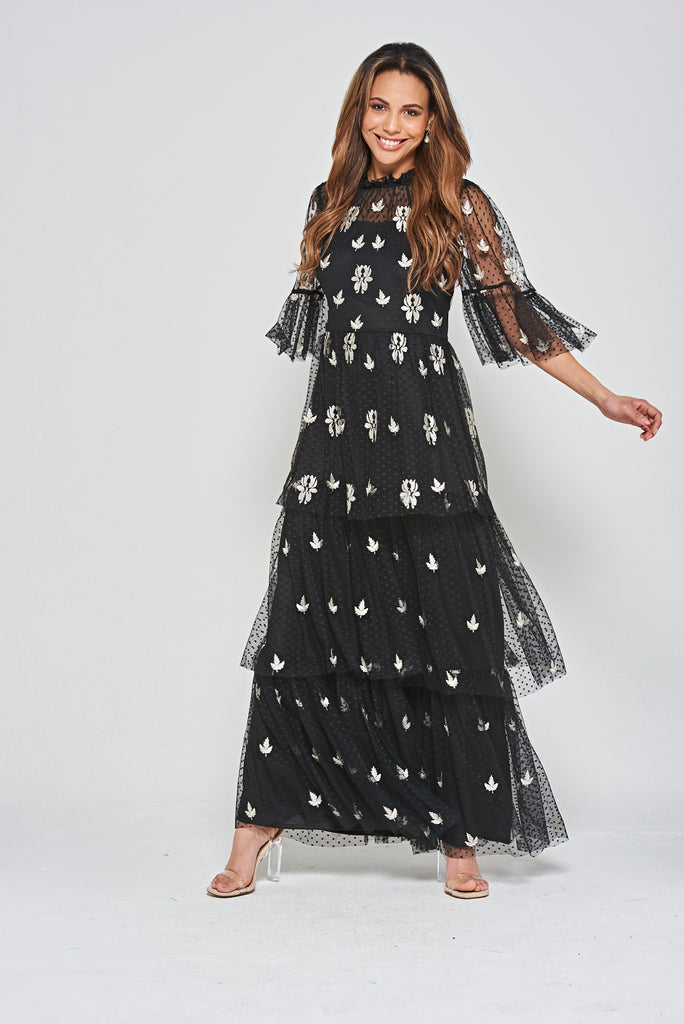 Baia Black Embroidered Tiered Maxi Dress