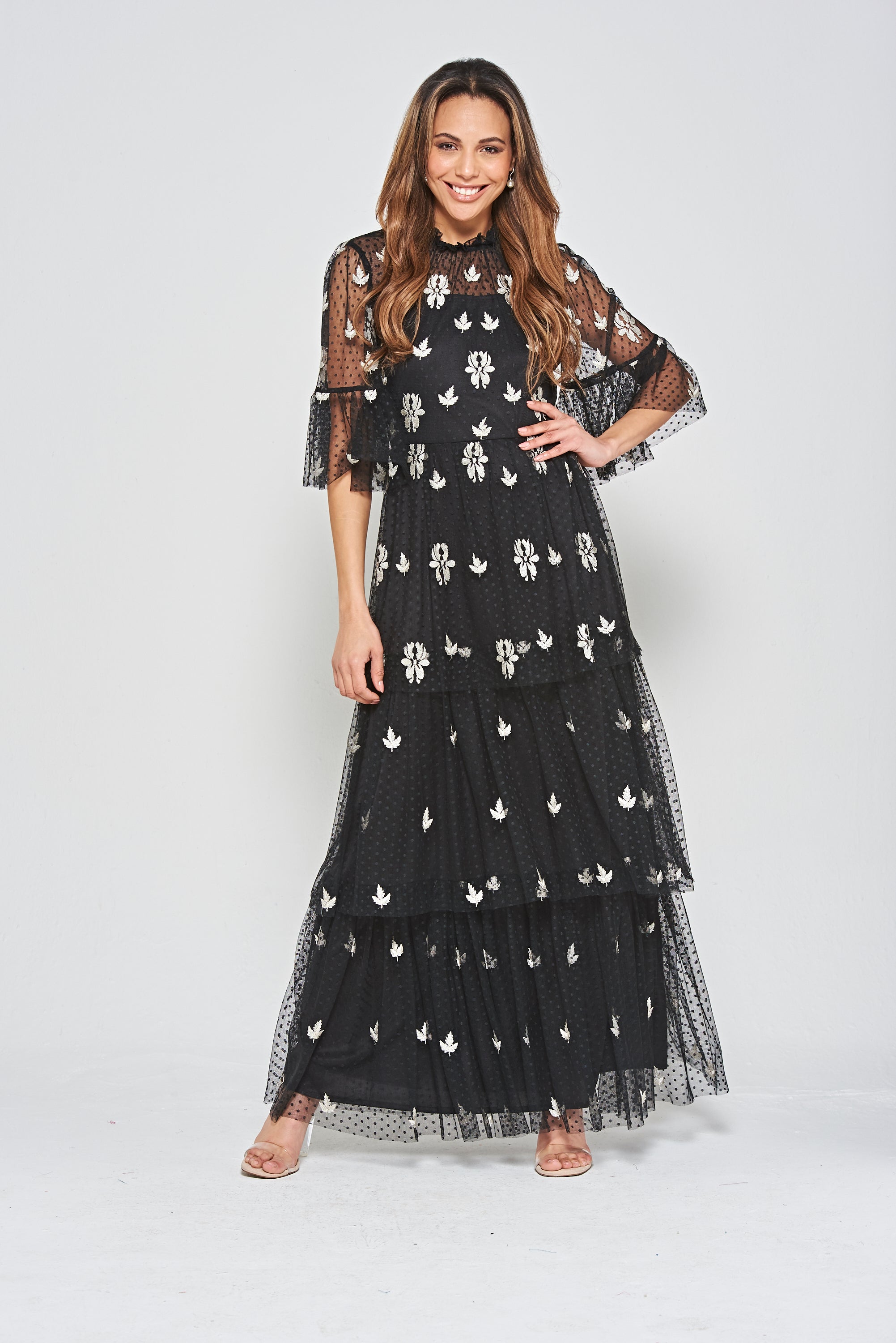 Baia Black Embroidered Tiered Maxi Dress