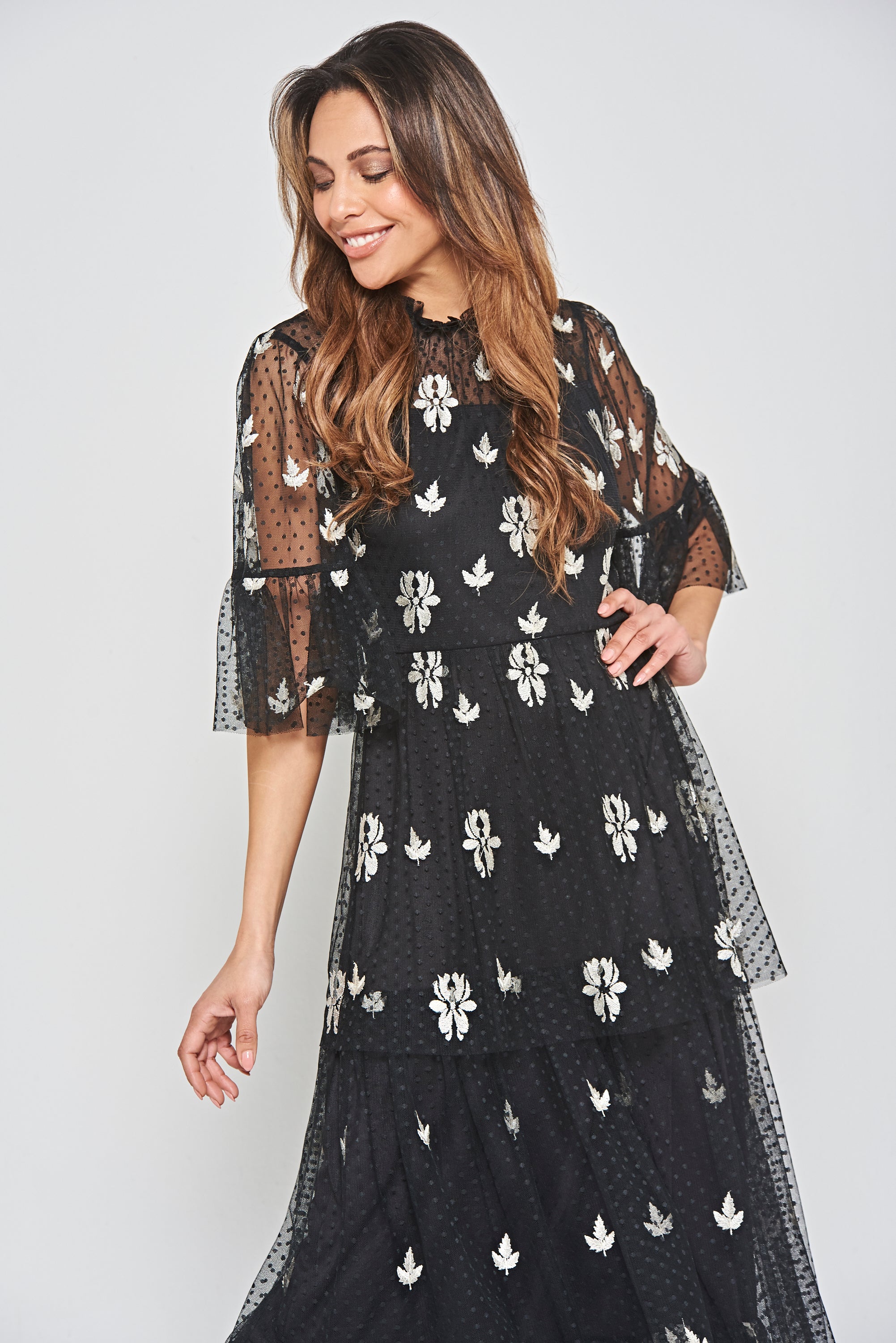 Baia Black Embroidered Tiered Maxi Dress