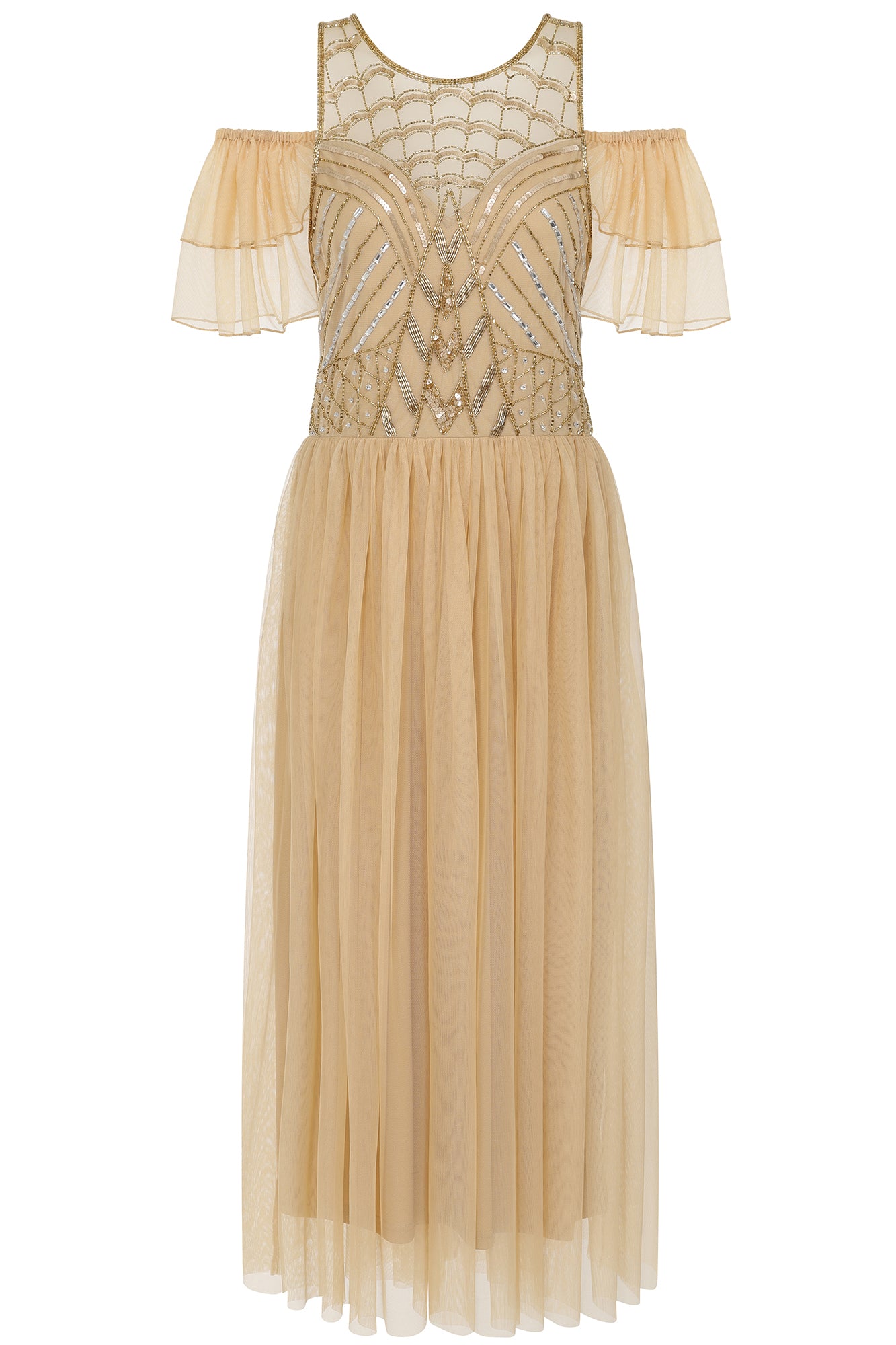 Barbara Cold Shoulder Embellished Midi Dress - Champagne