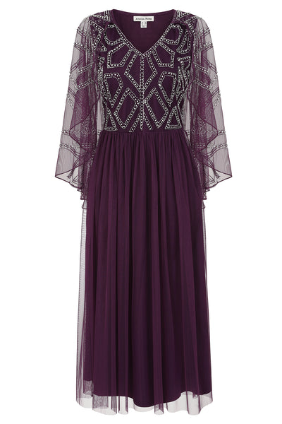 Bernice Purple Cape Sleeve Embellished Midi Dress – Frock and Frill
