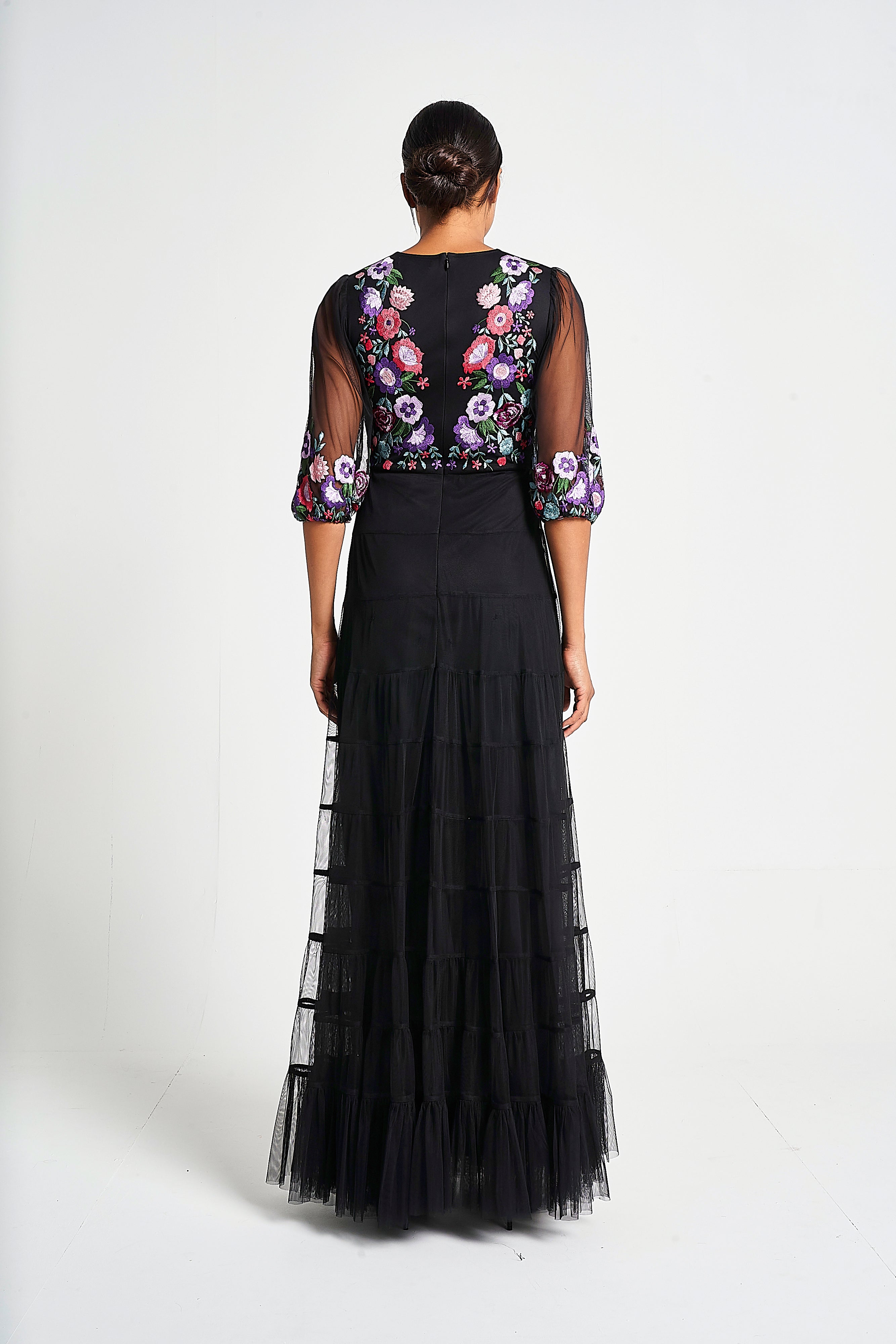 Bibiana black embroidered maxi dress by Frock and Frill with floral embroidery and sheer sleeves