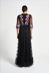 Bibiana black embroidered maxi dress by Frock and Frill with floral embroidery and sheer sleeves
