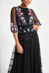 Bibiana black embroidered maxi dress by Frock and Frill with floral embroidery and sheer sleeves