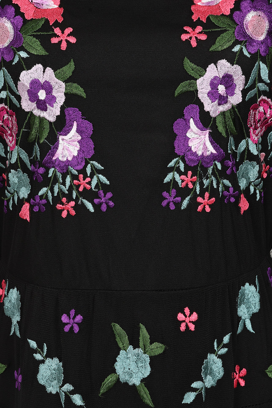 Bibiana black embroidered maxi dress by Frock and Frill with floral embroidery and sheer sleeves