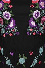 Bibiana black embroidered maxi dress by Frock and Frill with floral embroidery and sheer sleeves