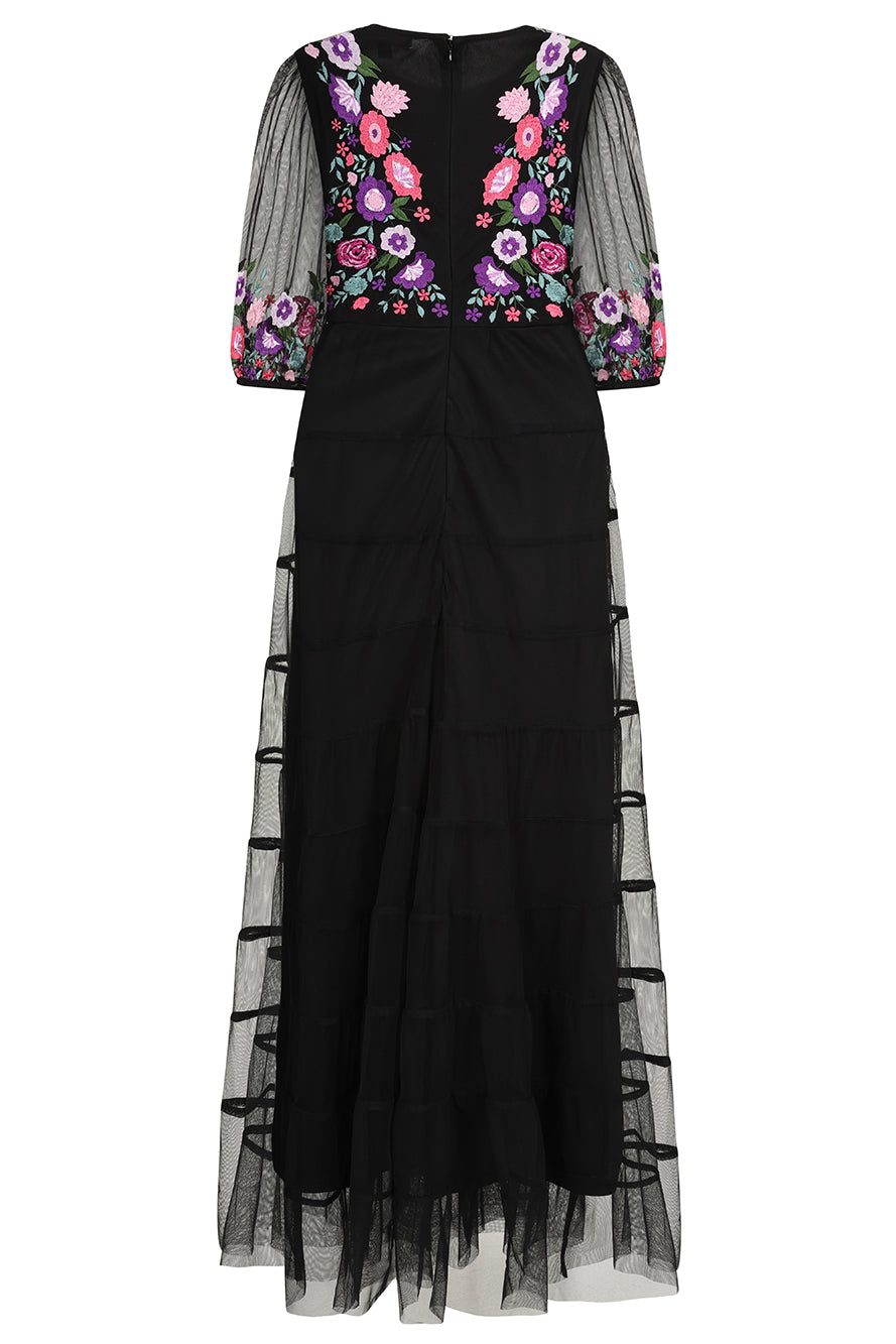 Bibiana black embroidered maxi dress by Frock and Frill with floral embroidery and sheer sleeves