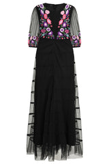 Bibiana black embroidered maxi dress by Frock and Frill with floral embroidery and sheer sleeves