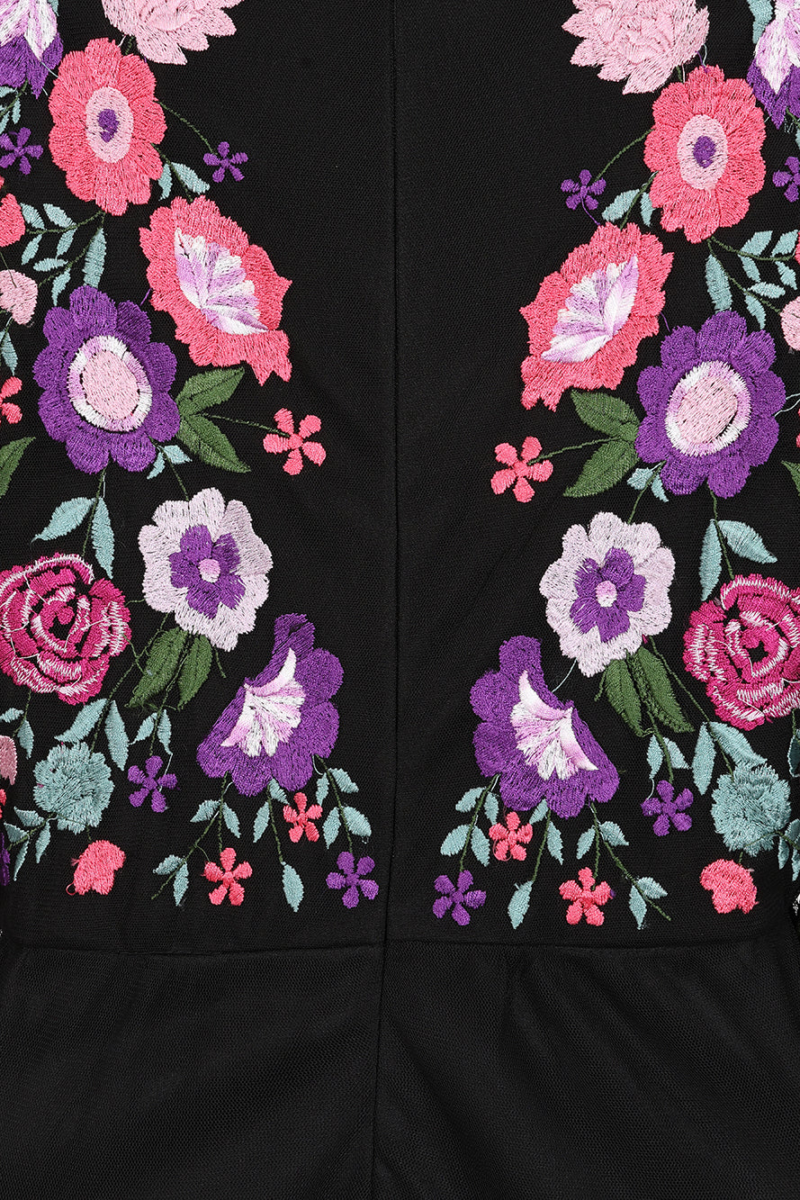 Bibiana black embroidered maxi dress by Frock and Frill with floral embroidery and sheer sleeves