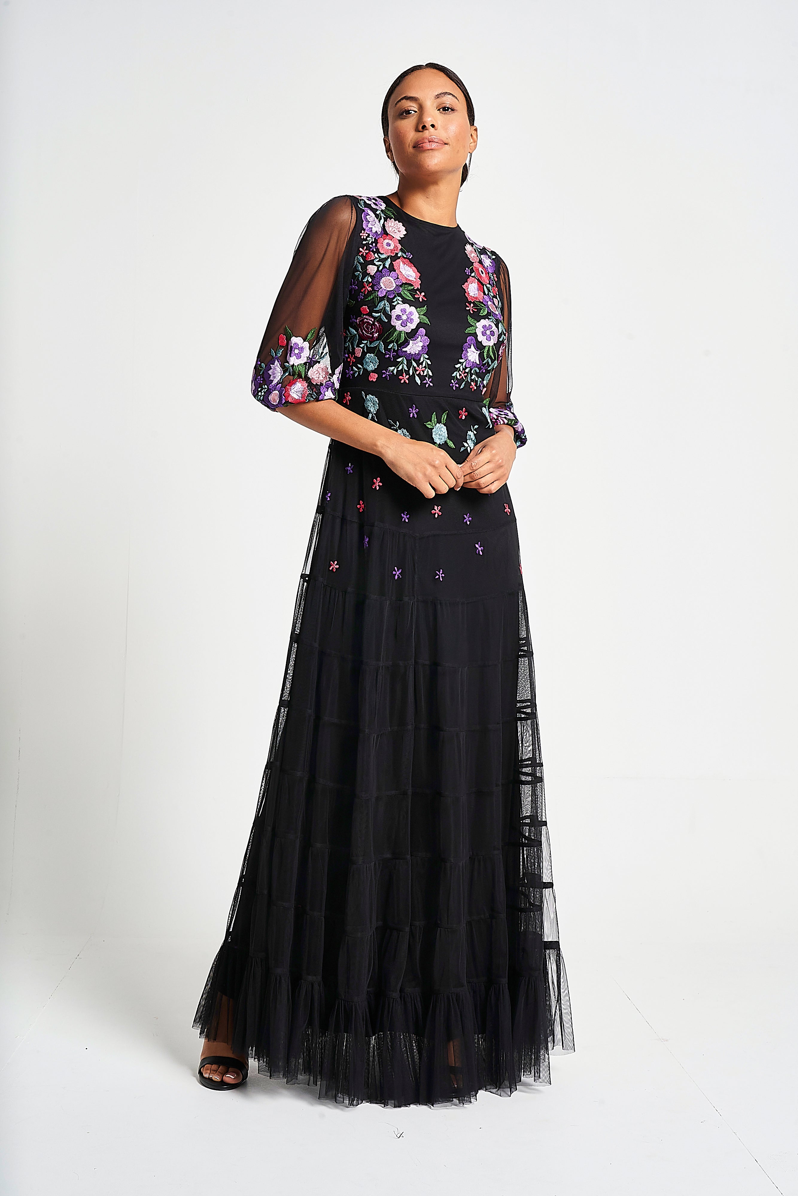 Bibiana black embroidered maxi dress by Frock and Frill with floral embroidery and sheer sleeves